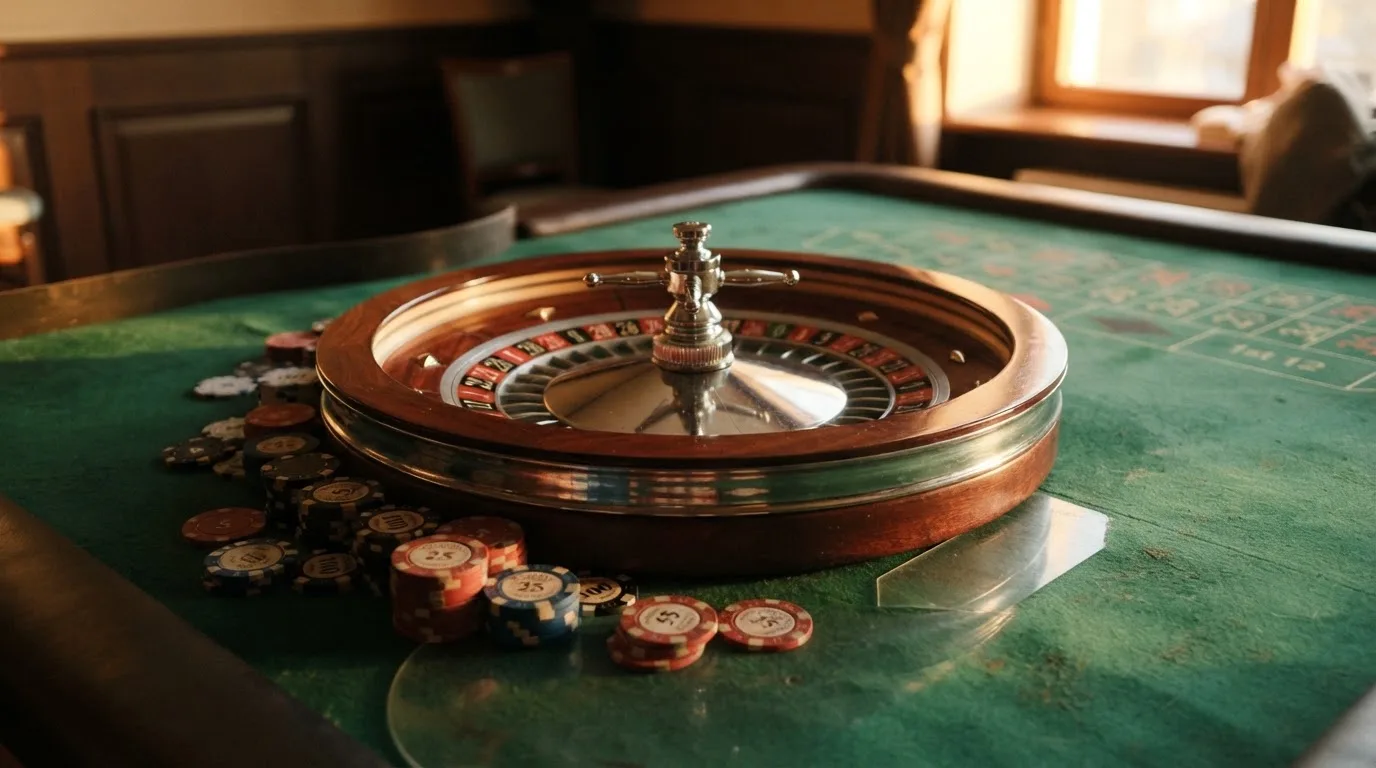 Roda de roleta e fichas sobre feltro verde, sob uma luz quente de fim de tarde — 1 euro casino em portugal