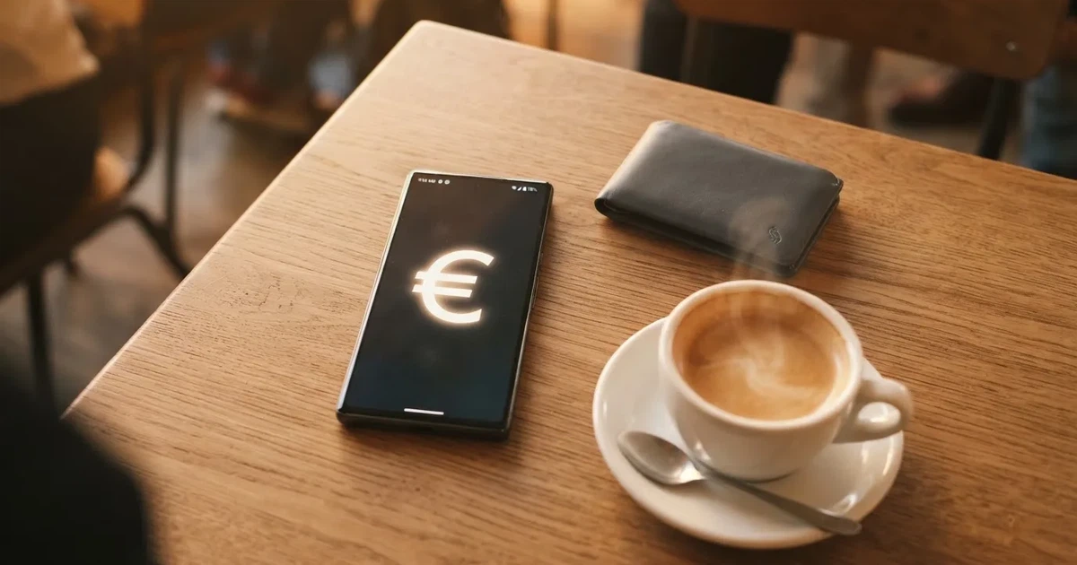 Telemóvel numa mesa de madeira ao lado de uma carteira e de uma chávena de café — 1 euro casino em portugal