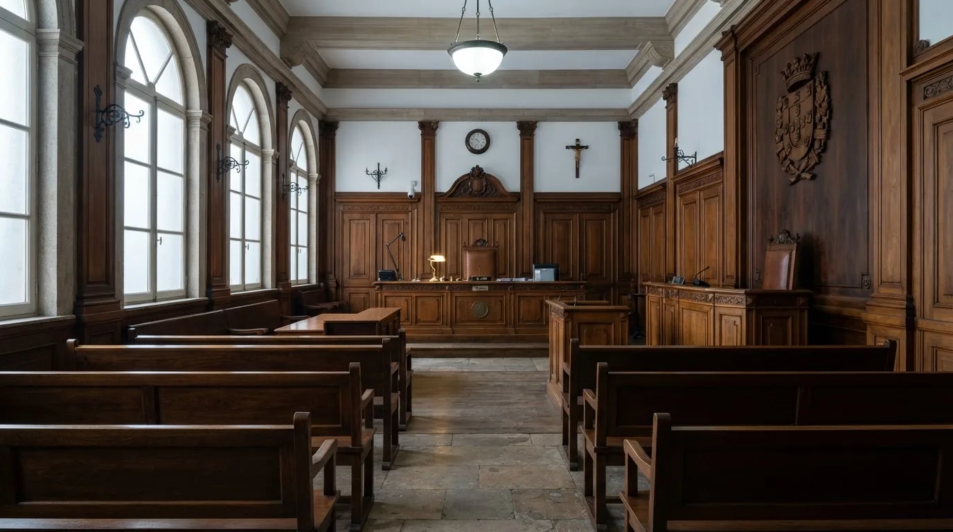 Sala de tribunal vazia com painéis de madeira, à luz da manhã — 10 euro casino em portugal