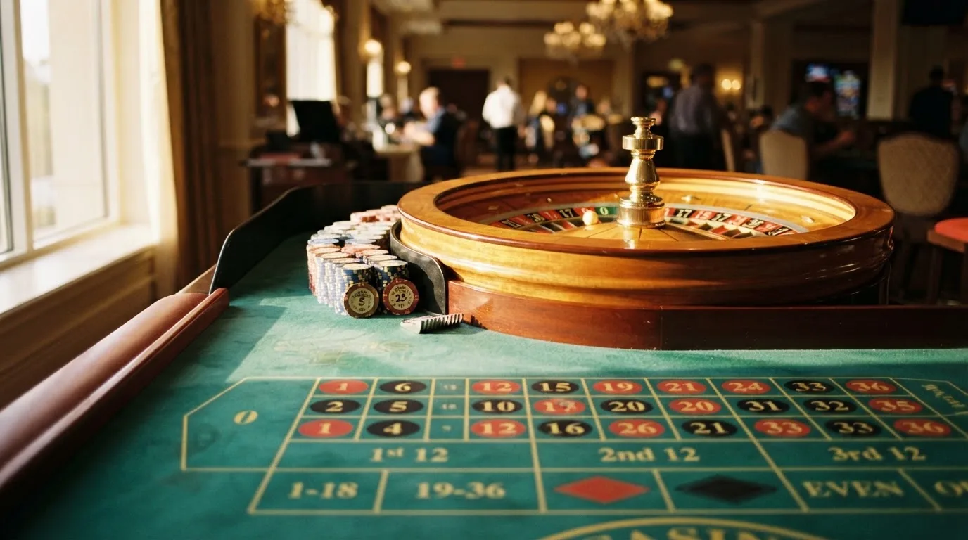 Roda de roleta e fichas sobre feltro verde, sob uma luz quente de fim de tarde — 10 euro casino em portugal
