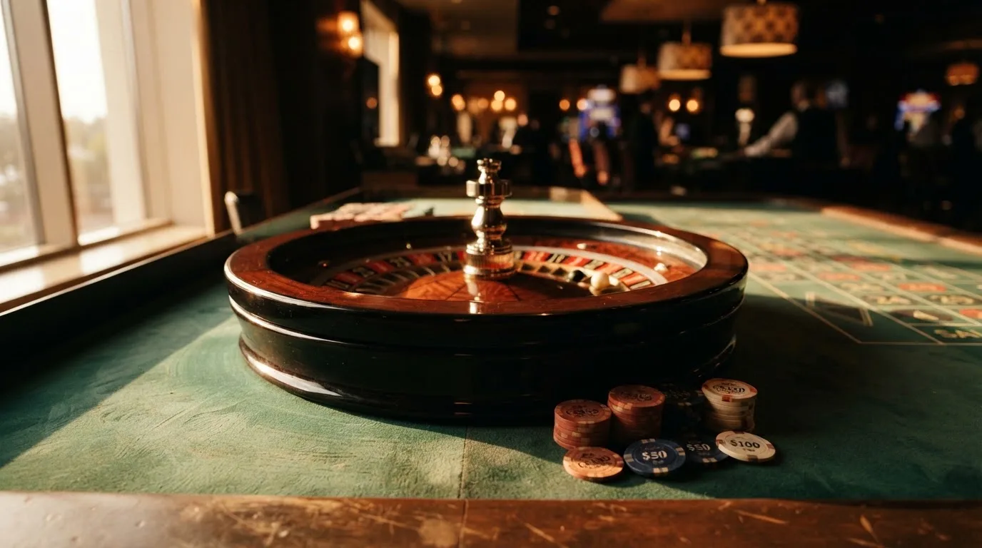 Roda de roleta e fichas sobre feltro verde, sob uma luz quente de fim de tarde — 20 euro casino em portugal