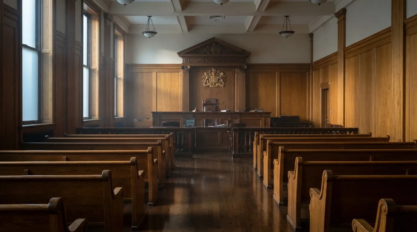 Sala de tribunal vazia com painéis de madeira, à luz da manhã — 5 euro casino em portugal