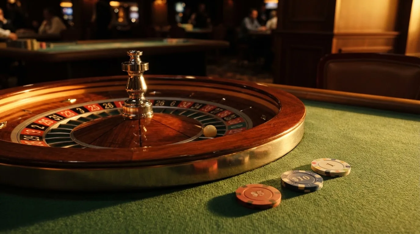 Roda de roleta e fichas sobre feltro verde, sob uma luz quente de fim de tarde — 5 euro casino em portugal