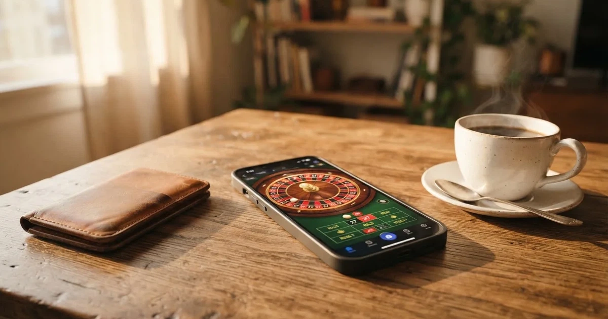Telemóvel numa mesa de madeira ao lado de uma carteira e de uma chávena de café — 5 euro casino em portugal