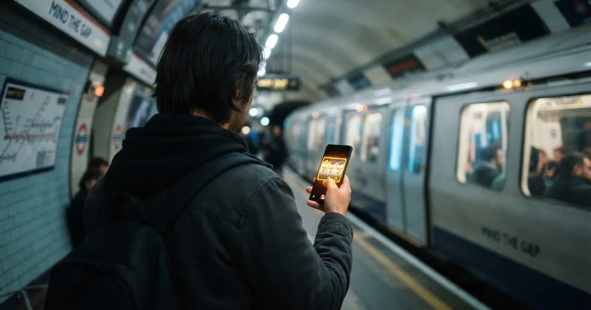 Pessoa de pé numa estação de metro a usar um telemóvel com a mão direita, com carruagem desfocada e luz fria ao fundo.