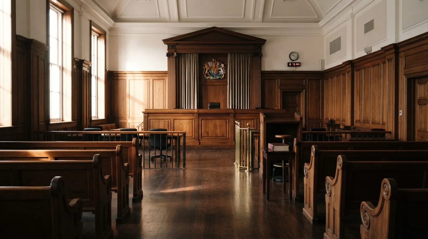 Sala de tribunal vazia com painéis de madeira, à luz da manhã — blackjack ao vivo em portugal