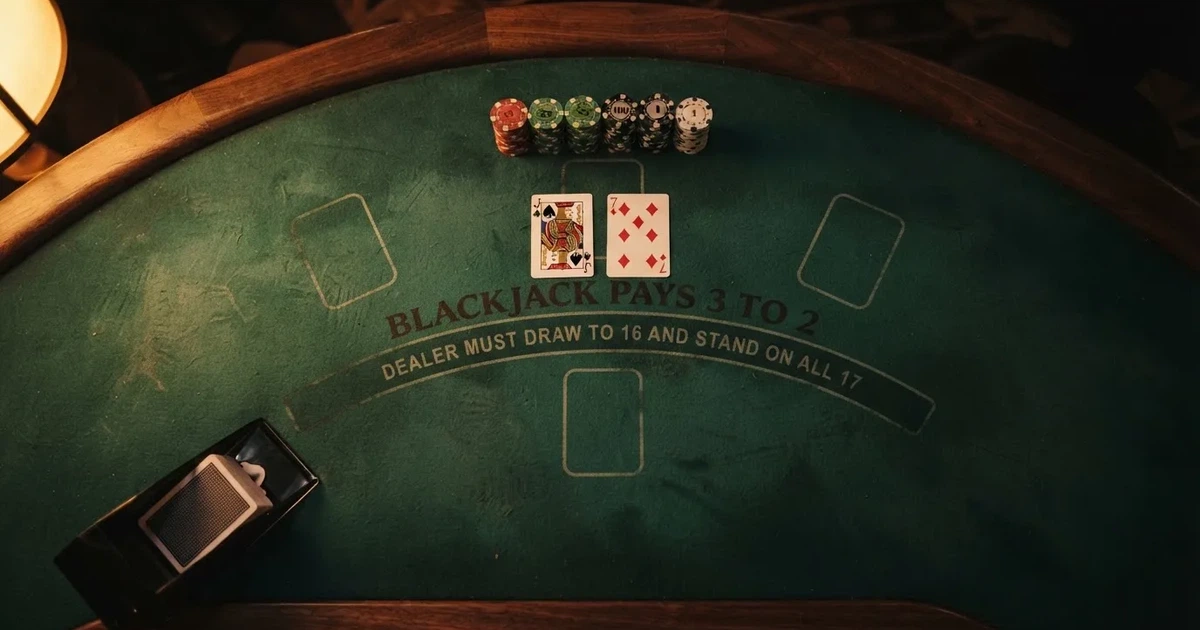 Mesa de jogo iluminada com cartas, vista de cima — blackjack ao vivo em portugal