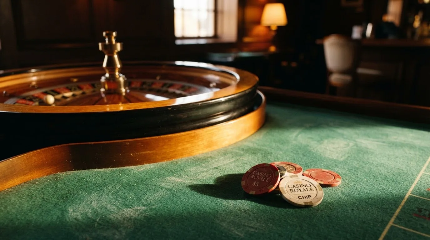 Roda de roleta e fichas sobre feltro verde, sob uma luz quente de fim de tarde — blackjack casinos em portugal
