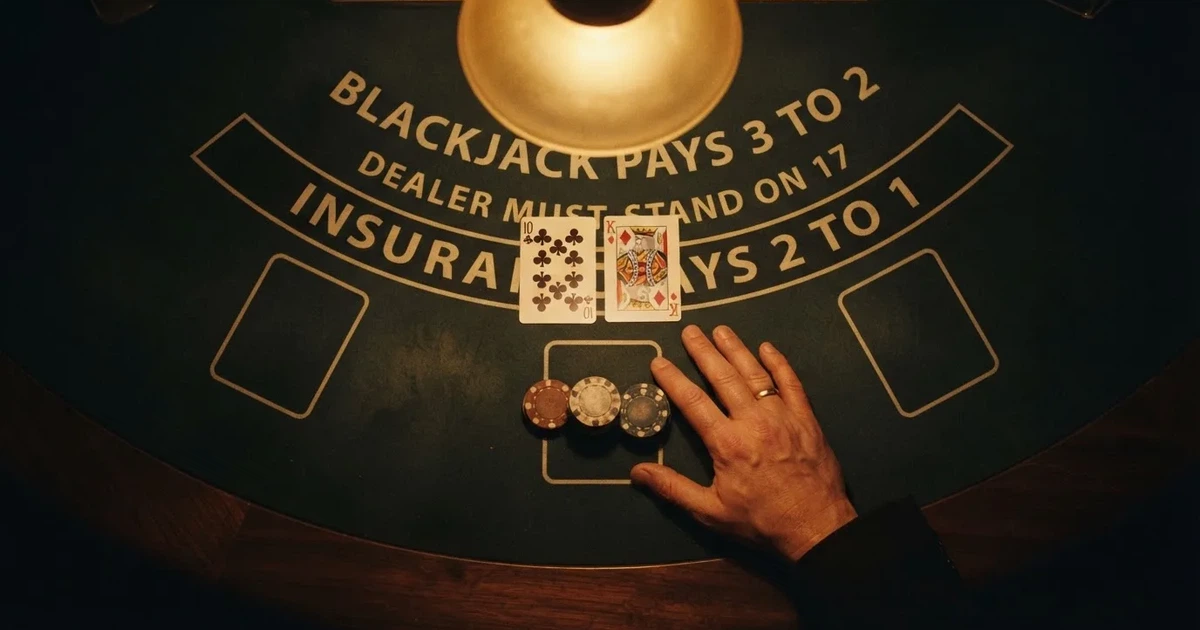 Mesa de jogo iluminada com cartas, vista de cima — blackjack casinos em portugal