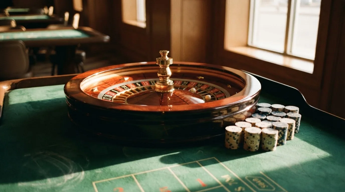 Roda de roleta e fichas sobre feltro verde, sob uma luz quente de fim de tarde — blackjack online casino em portugal