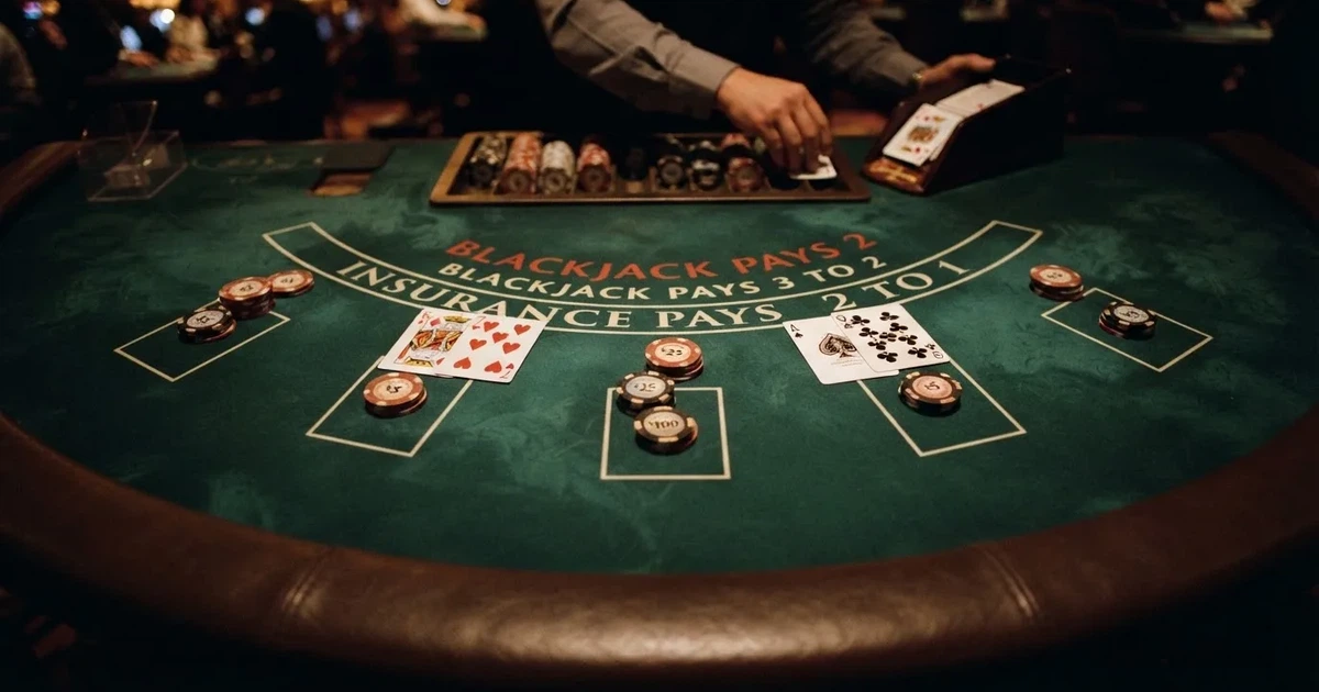 Mesa de jogo iluminada com cartas, vista de cima — blackjack online casino em portugal