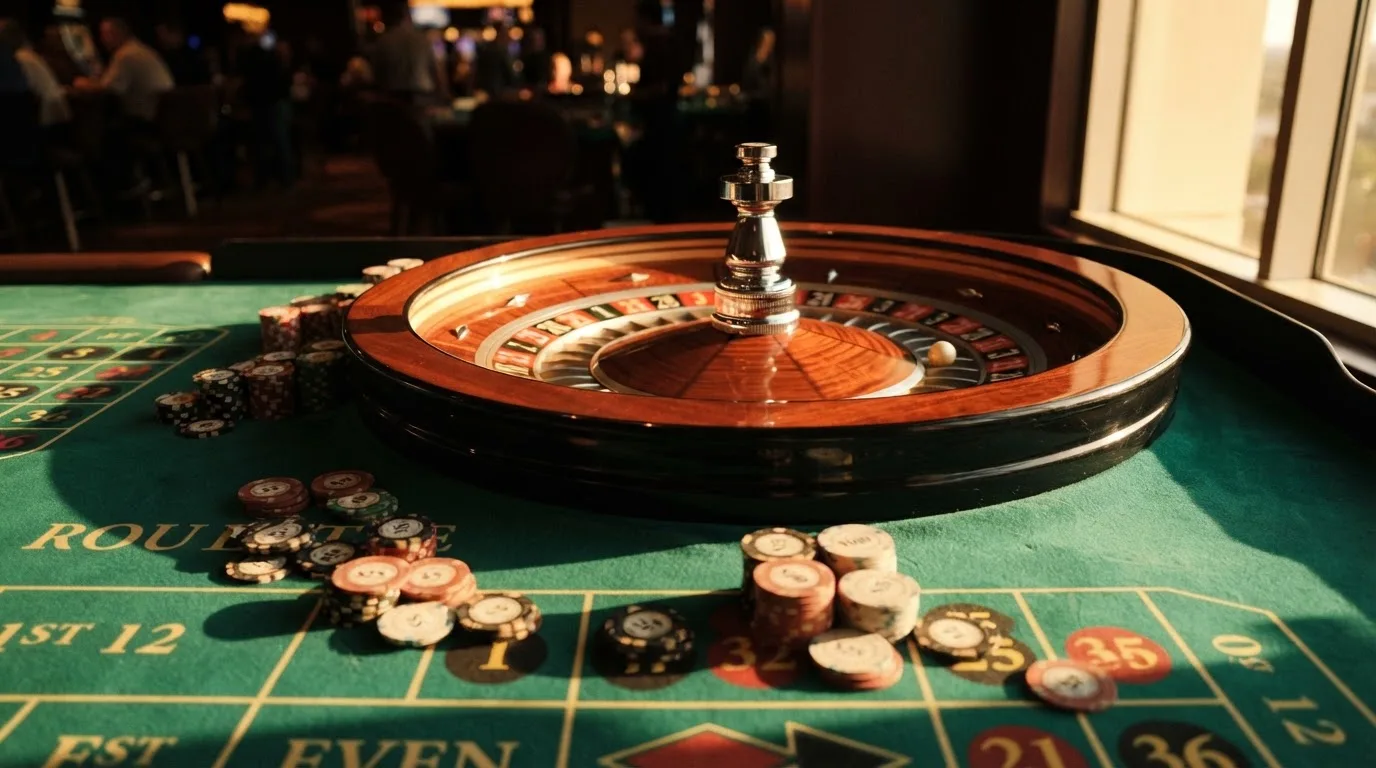 Roda de roleta e fichas sobre feltro verde, sob uma luz quente de fim de tarde — caça-níqueis em casinos portugueses
