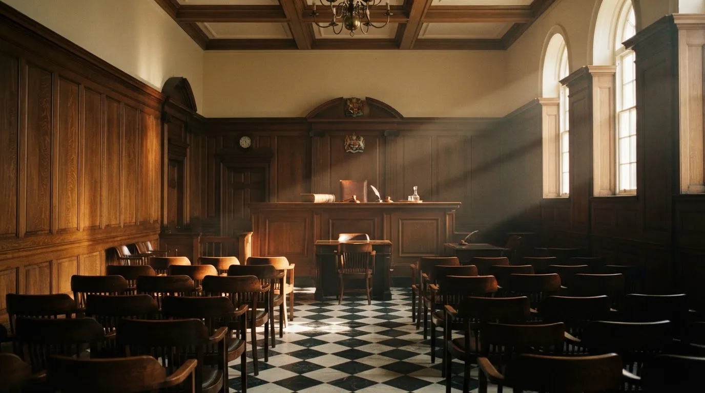 Sala de tribunal vazia com painéis de madeira, à luz da manhã — caça-níqueis grátis em portugal