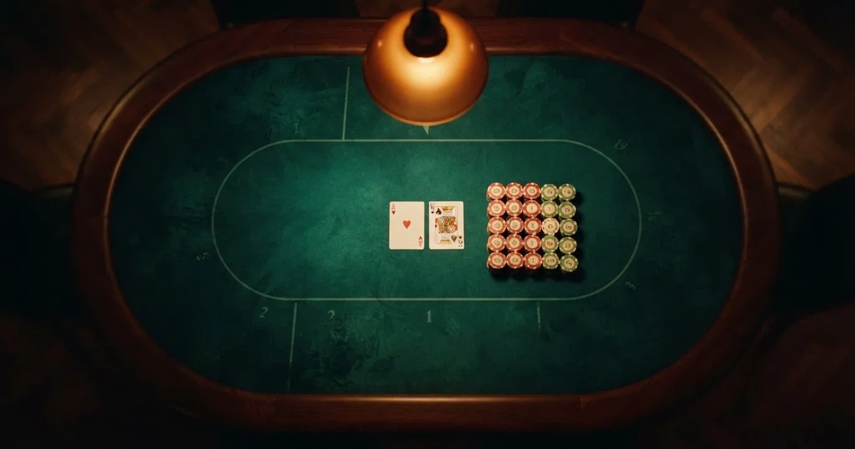 Mesa de jogo iluminada com cartas, vista de cima — caça-níqueis grátis em portugal