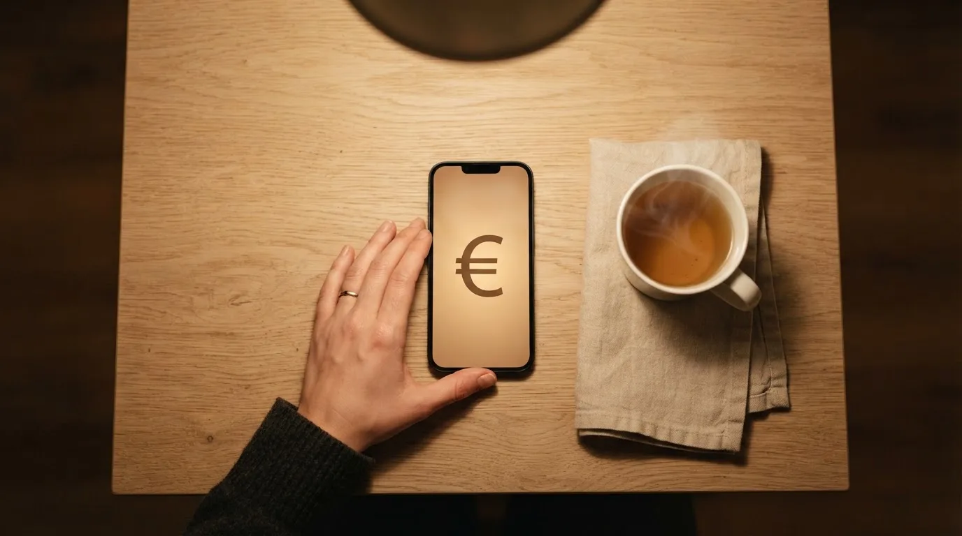 Mão a segurar um telemóvel ao lado de uma chávena de chá numa mesa de cozinha, numa noite tranquila — casino apostas em portugal