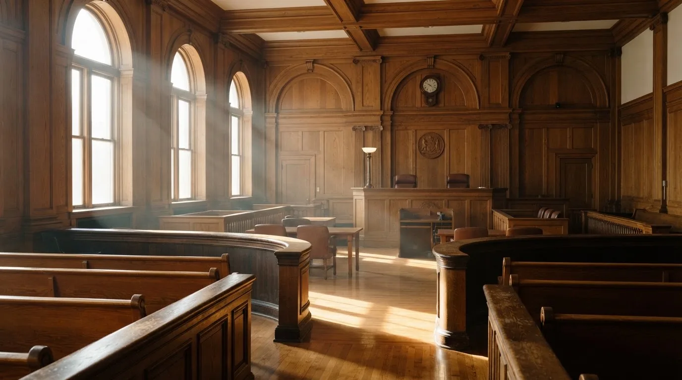 Sala de tribunal vazia com painéis de madeira, à luz da manhã — casino apostas em portugal