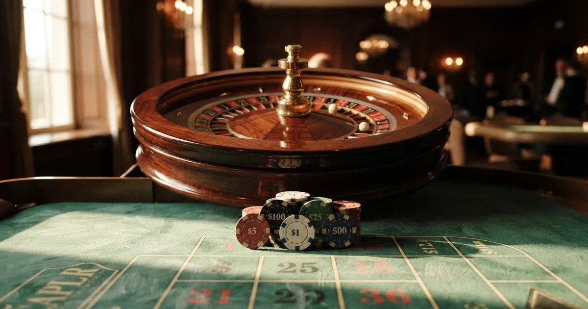 Roda de roleta e fichas sobre feltro verde, sob uma luz quente de fim de tarde — casino apostas em portugal