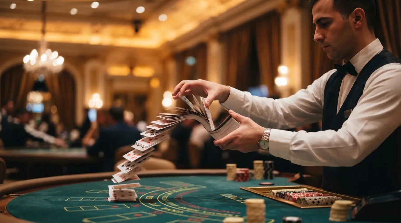 Croupier de gravata a baralhar cartas com destreza, vista lateral, fundo desfocado de um salão de casino em Portugal.