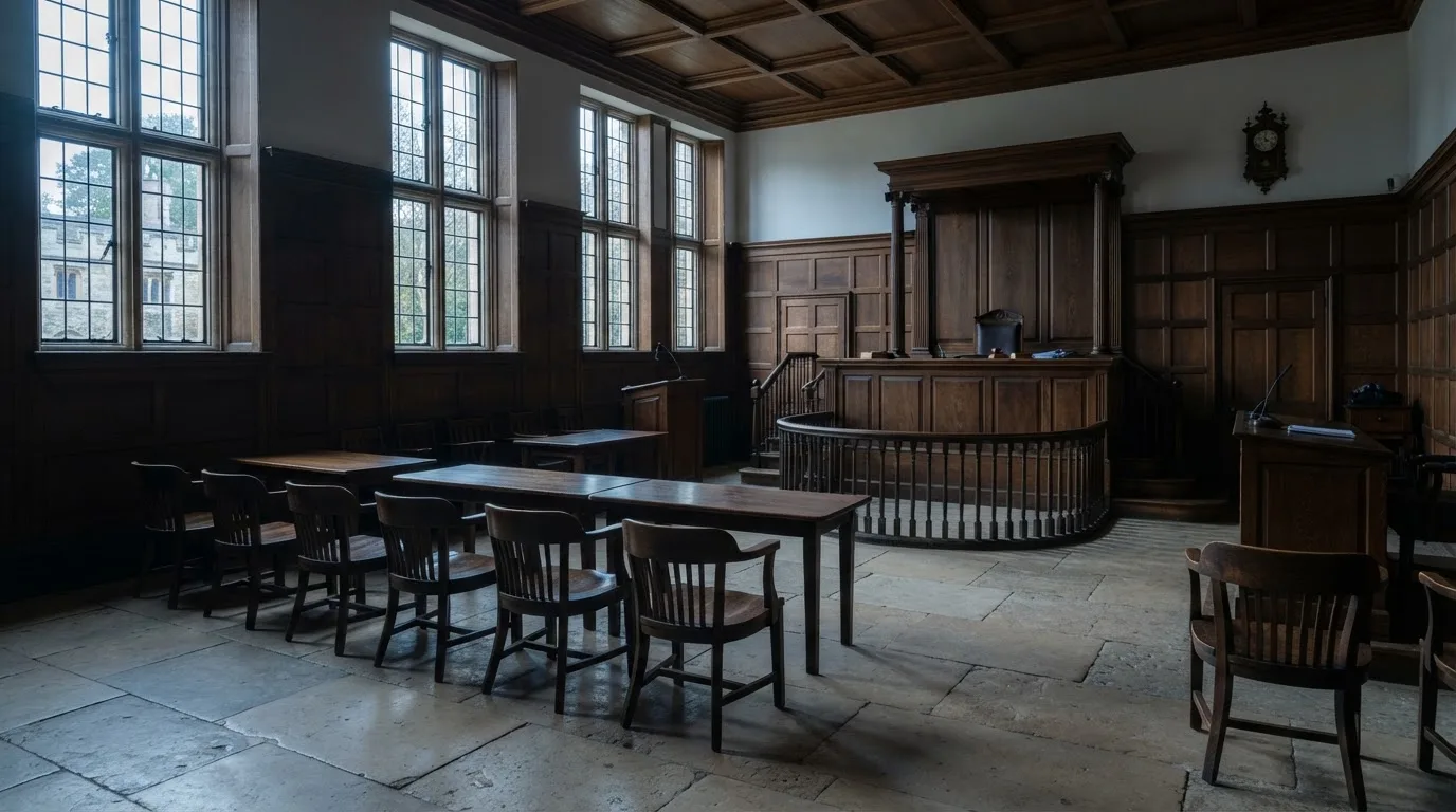 Sala de tribunal vazia com painéis de madeira, à luz da manhã — casino com bingo em portugal