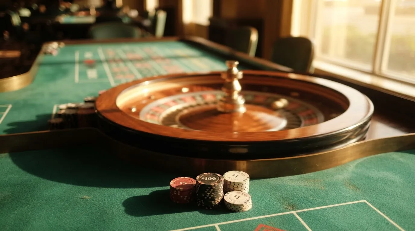 Roda de roleta e fichas sobre feltro verde, sob uma luz quente de fim de tarde — casino com bingo em portugal