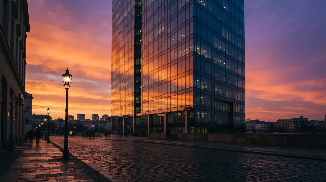Edifício de escritórios com fachada de vidro ao entardecer, reflexo do céu cor-de-laranja e uma rua tranquila em primeiro plano.