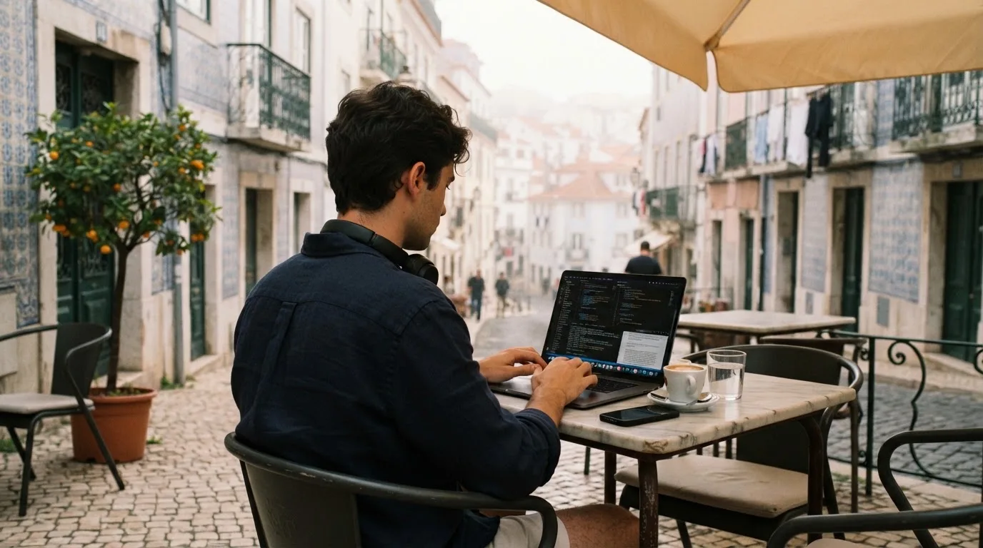 Jovem a trabalhar num café com portátil e auscultadores ao pescoço, esplanada de Lisboa ao fundo, luz suave.