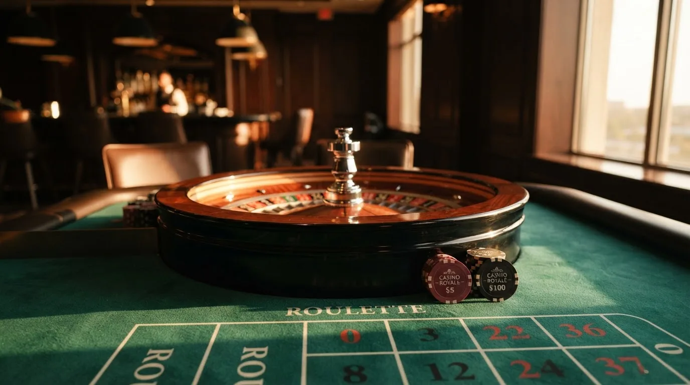 Roda de roleta e fichas sobre feltro verde, sob uma luz quente de fim de tarde — casino com bônus no cadastro pt