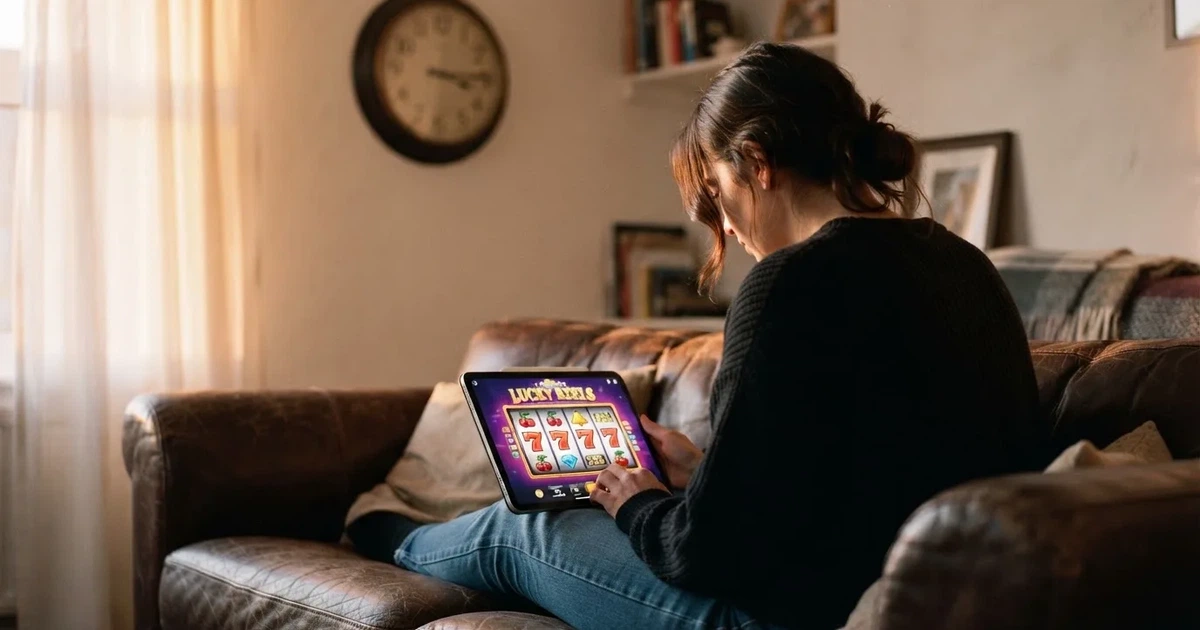 Pessoa num sofá a olhar pensativa para um tablet, com um relógio na parede atrás — casino com bônus no cadastro pt