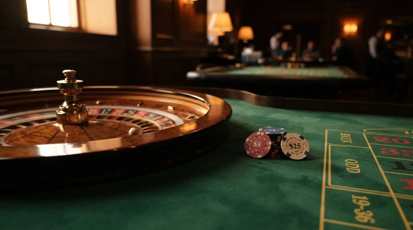 Roda de roleta e fichas sobre feltro verde, sob uma luz quente de fim de tarde — casino com dinheiro em portugal