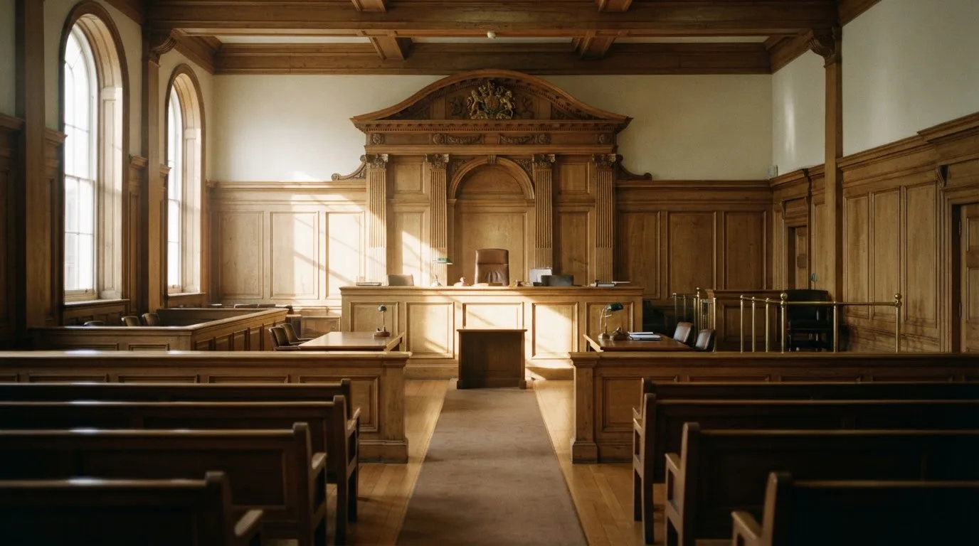 Sala de tribunal vazia com painéis de madeira, à luz da manhã — casino com ethereum em portugal