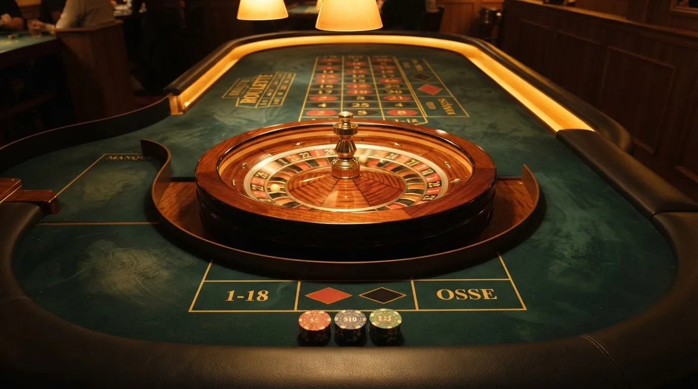Roda de roleta e fichas sobre feltro verde, sob uma luz quente de fim de tarde — casino com ethereum em portugal