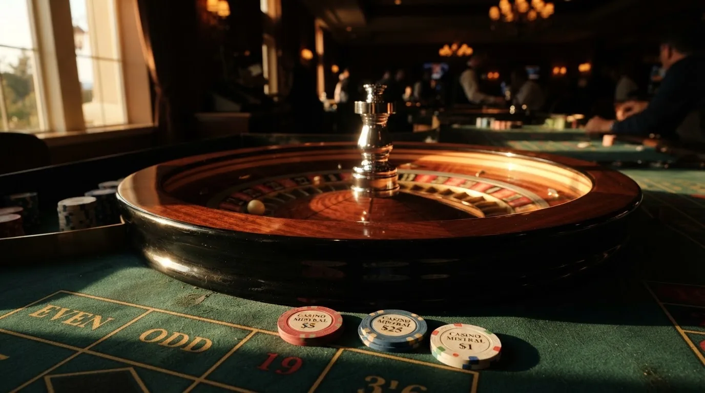 Roda de roleta e fichas sobre feltro verde, sob uma luz quente de fim de tarde — casino com free spins em portugal