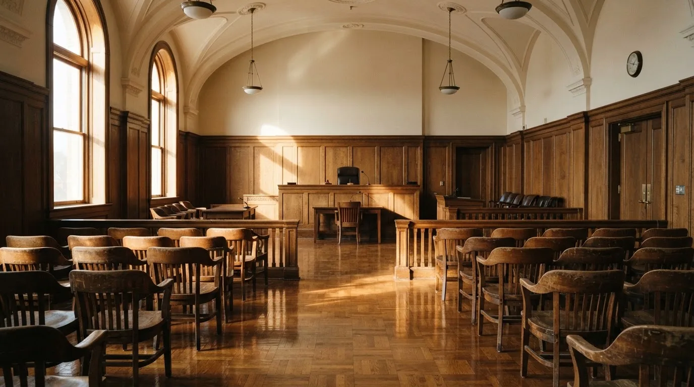 Sala de tribunal vazia com painéis de madeira, à luz da manhã — casino com grátis spins pt