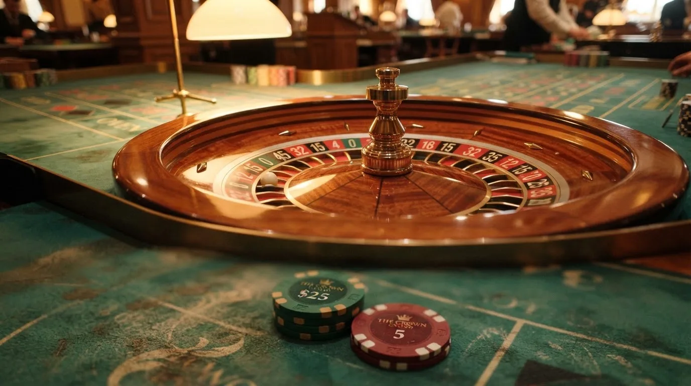 Roda de roleta e fichas sobre feltro verde, sob uma luz quente de fim de tarde — casino com grátis spins pt