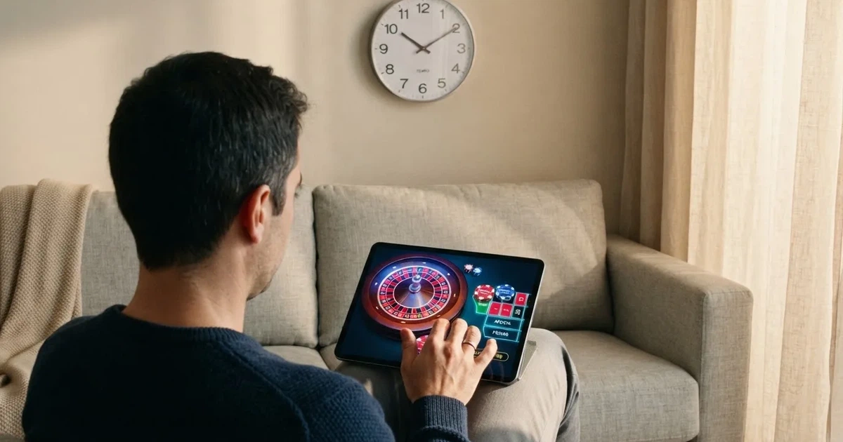 Pessoa num sofá a olhar pensativa para um tablet, com um relógio na parede atrás — casino com grátis spins pt