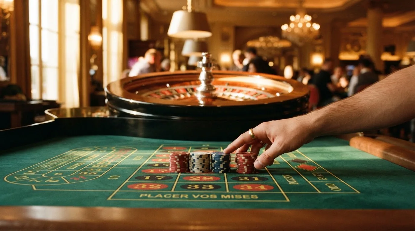 Roda de roleta e fichas sobre feltro verde, sob uma luz quente de fim de tarde — casino com levantamento pt