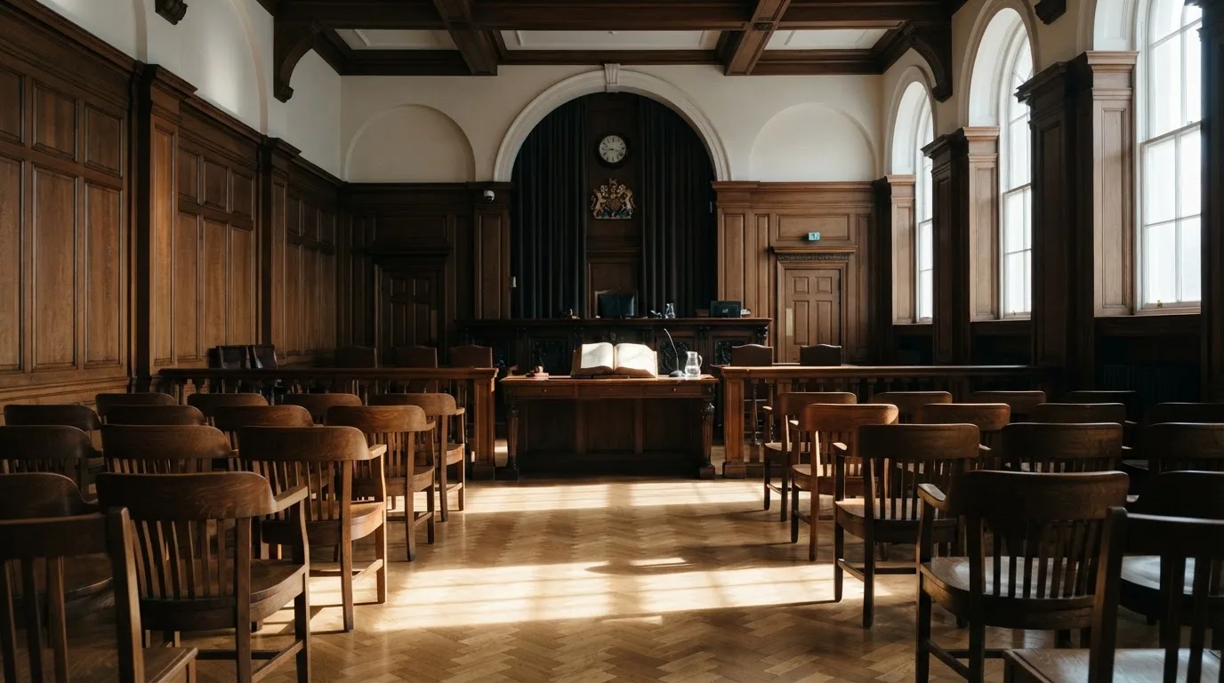 Sala de tribunal vazia com painéis de madeira, à luz da manhã — casino com litecoin em portugal