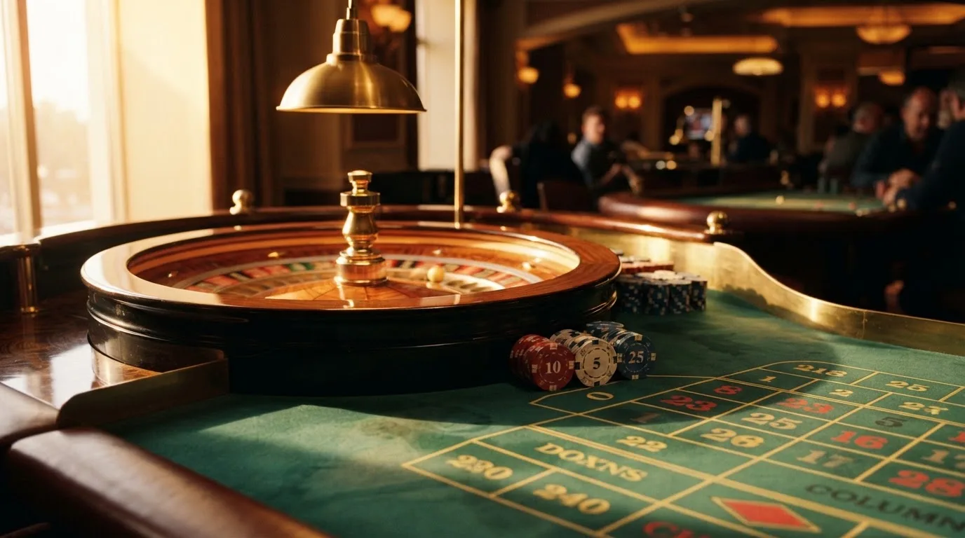 Roda de roleta e fichas sobre feltro verde, sob uma luz quente de fim de tarde — casino com litecoin em portugal
