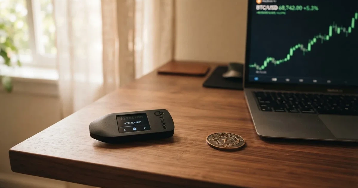 Carteira de hardware e computador portátil numa secretária, com luz suave — casino com litecoin em portugal