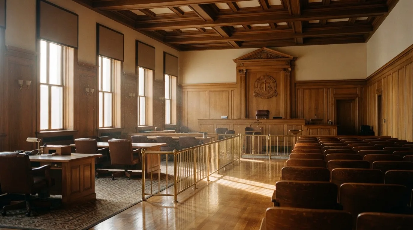 Sala de tribunal vazia com painéis de madeira, à luz da manhã — casino com solana em portugal