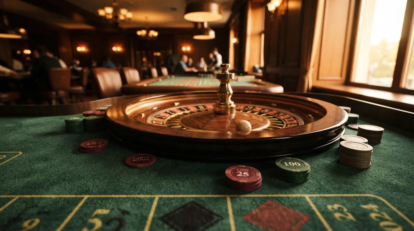 Roda de roleta e fichas sobre feltro verde, sob uma luz quente de fim de tarde — casino com solana em portugal