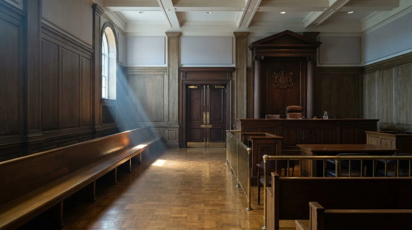 Sala de tribunal vazia com painéis de madeira, à luz da manhã — casino com tether em portugal