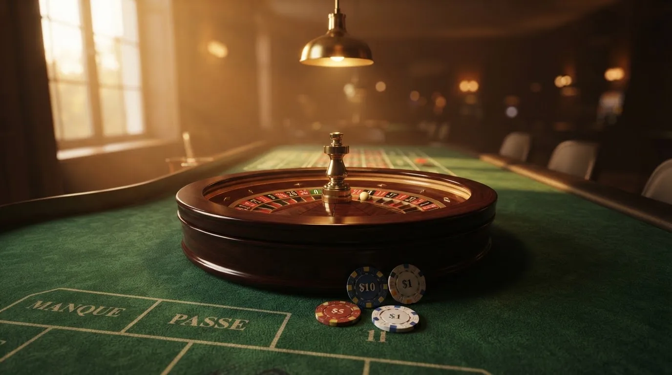 Roda de roleta e fichas sobre feltro verde, sob uma luz quente de fim de tarde — casino com tether em portugal