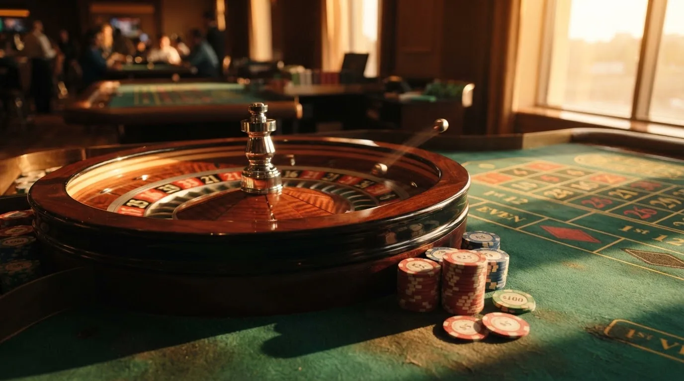 Roda de roleta e fichas sobre feltro verde, sob uma luz quente de fim de tarde — casino é confiável em portugal
