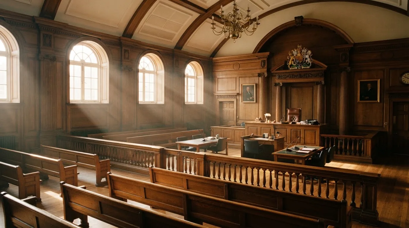 Sala de tribunal vazia com painéis de madeira, à luz da manhã — casino pagamentos em portugal