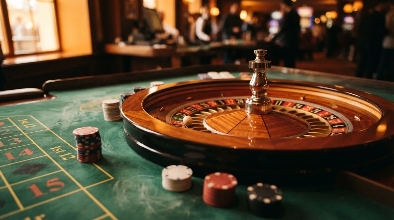 Roda de roleta e fichas sobre feltro verde, sob uma luz quente de fim de tarde — casino pagamentos em portugal