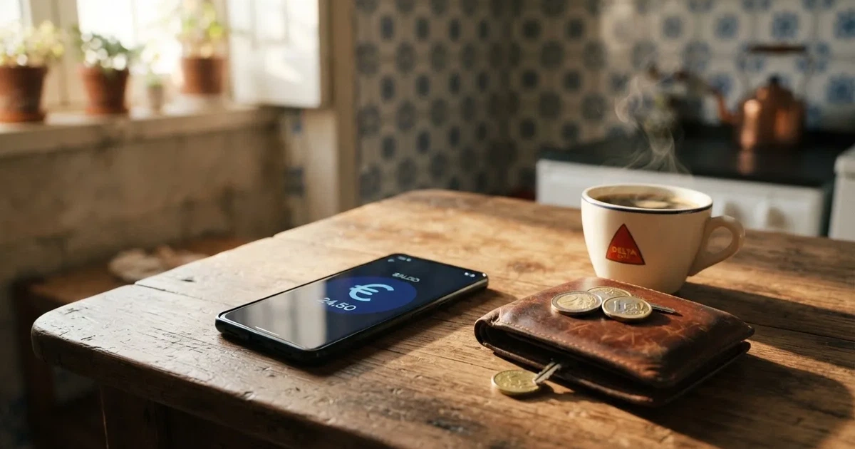 Telemóvel numa mesa de madeira ao lado de uma carteira e de uma chávena de café — casino pagamentos em portugal