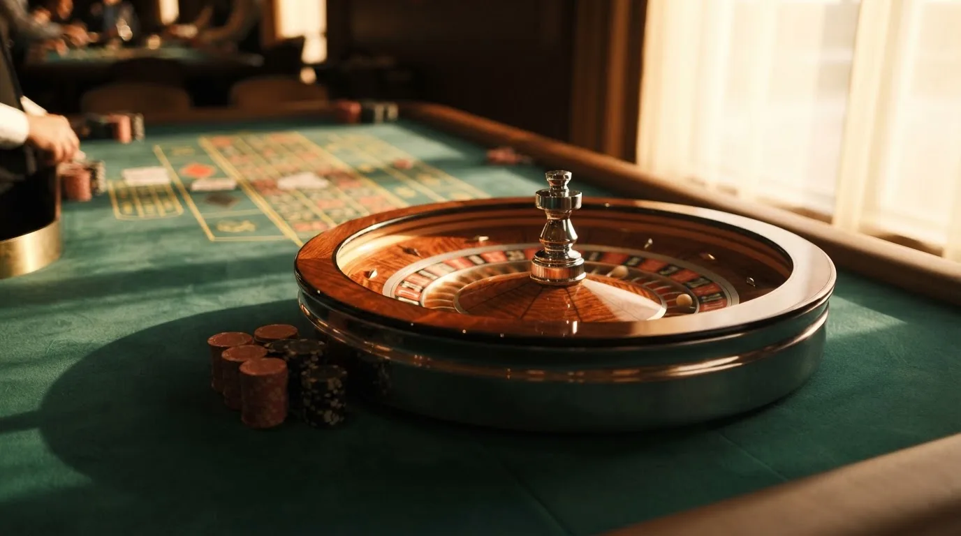 Roda de roleta e fichas sobre feltro verde, sob uma luz quente de fim de tarde — casino slots portugues