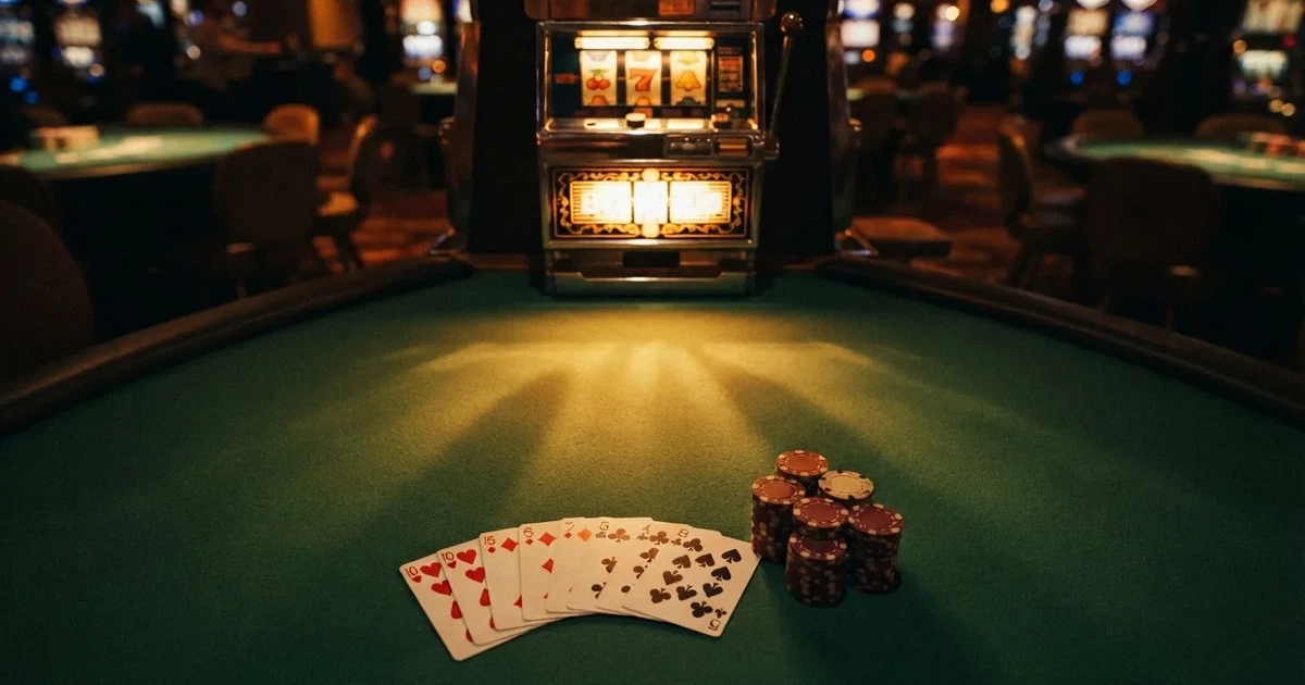 Mesa de jogo iluminada com cartas, vista de cima — casino slots portugues