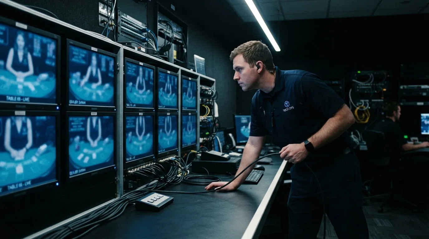 Técnico de uniforme escuro a verificar câmaras e equipamento numa sala de controlo de um estúdio de televisão, com vários monitores desfocados.